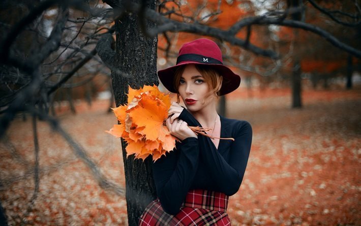 albero, ragazza, autunno ritratto, foglie