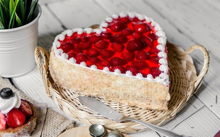 heart cake, dessert, cake, cake with strawberries