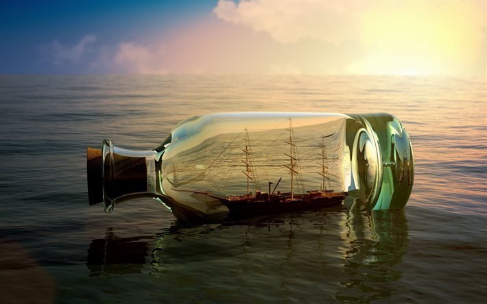 sailboat, sunset, sea, bottle