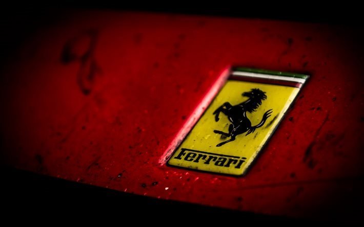 Ferrari, le Logo, l&#39;embl&#232;me de Ferrari, arri&#232;re-plan rouge