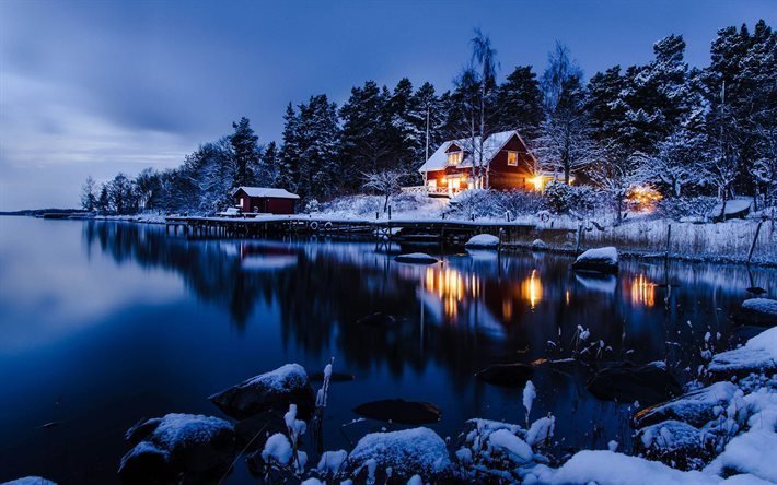 land cottages, in einem vorort von stockholm, winter landschaft, schweden
