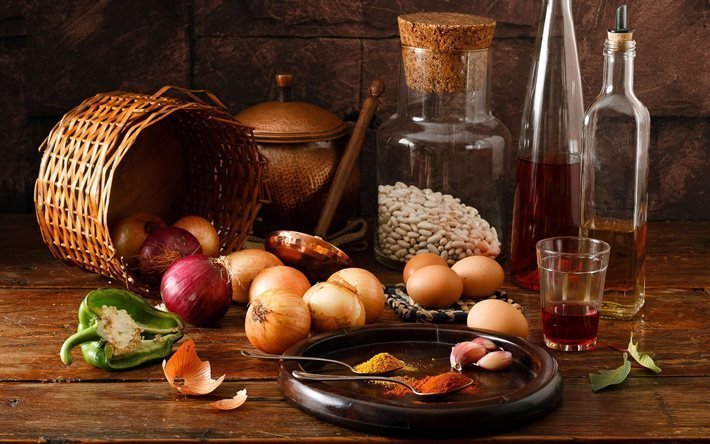 vitl&#246;k, peppar, kryddor, aromatiska fortfarande liv, vin