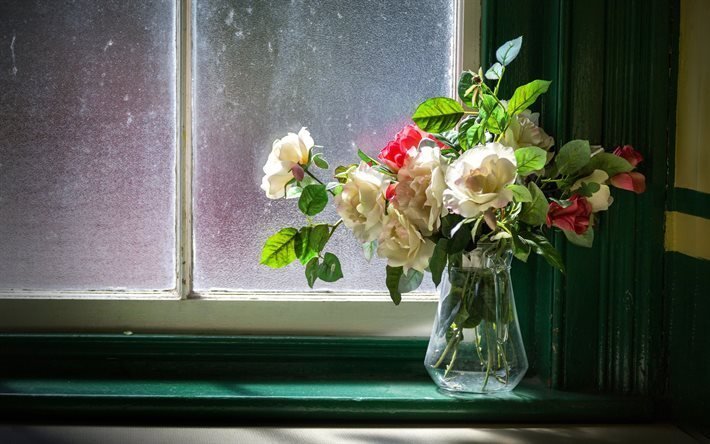roses, sill, bouquet, sunlight, vase