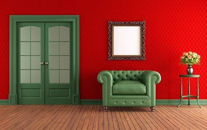 picture, red living room, chair, interior