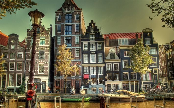 amsterdam, channel, boats, promenade, netherlands