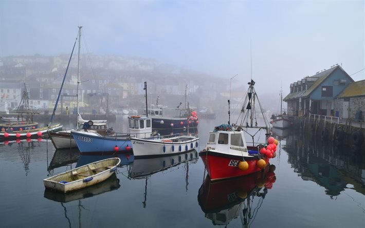 morning, boats, cornwall, fog, england