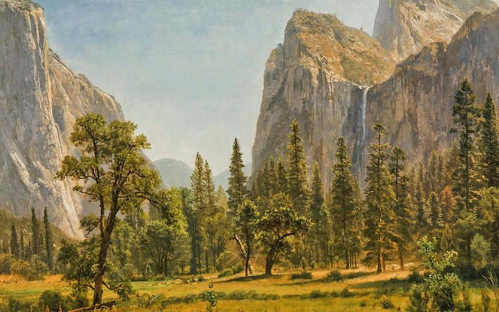rocce, montagne, cascate Bridalveil Fall, USA, Yosemite California Albert Bierstadt