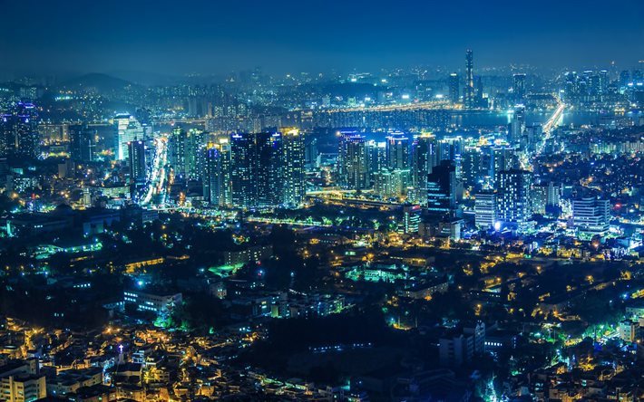 Se&#250;l, noche, rascacielos, Corea del Sur