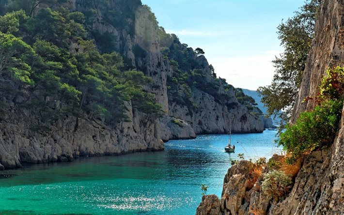 bay cliff, Akdeniz, tekne, yaz, deniz, Fransa, Provence, Calanque, Port Miou