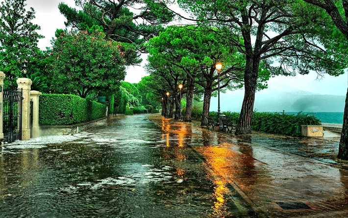 Maderno, park, rain, summer, walkway, Italy