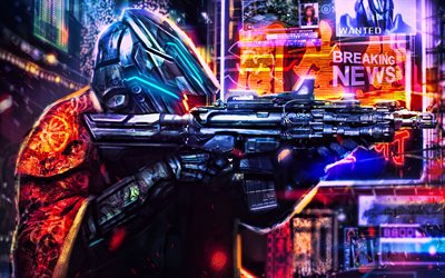 soldier with weapon, 4k, cityscape, fantastic plot, cyber warrior, soldier