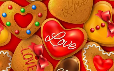 Cookies de cora&#231;&#227;o, 4k, fundo vermelho com biscoitos, fundo de amor, fundo de biscoito de amor