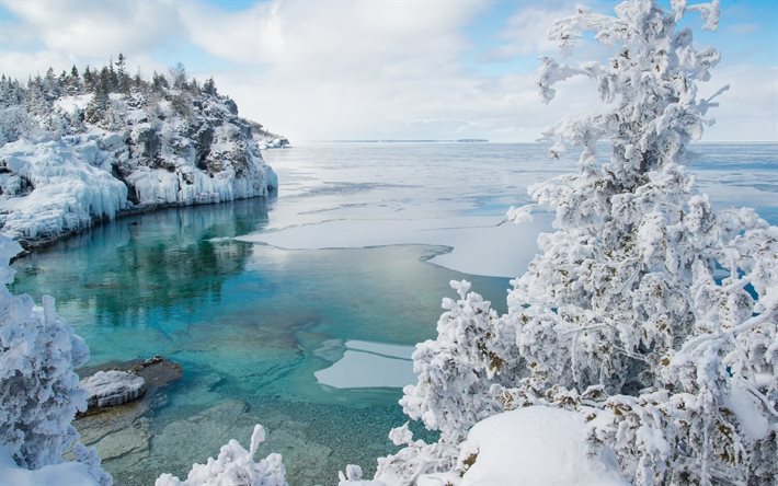 Georgian Bay, kış, sahil, Bruce Yarımadası Milli Parkı, Ontario, Kanada