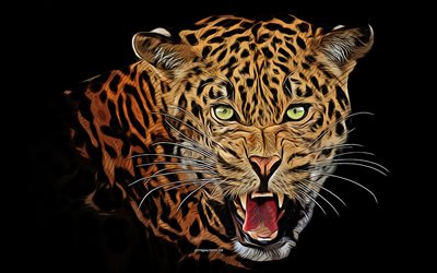 leopardi, 4k, vektorikuva, leopardipiirustus, luova taide, leoparditaide, vektoripiirustus, abstraktit el&#228;imet, villikissat, raivo, villiel&#228;imet, raivoissaan leopardi
