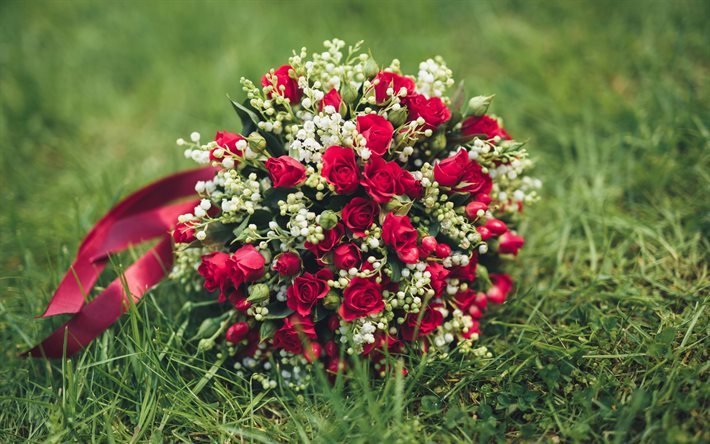 wedding bouquet, red roses, bridal bouquet, green grass