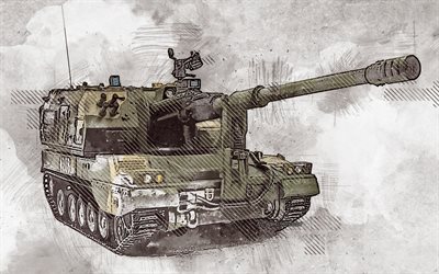 PLZ-05, Type 05, grunge art, creative art, painted PLZ-05, drawing, PLZ-05 grunge, digital art, 155 mm self-propelled howitzer