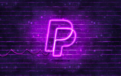 paypal violet logo, 4k, violet brickwall, logo paypal, syst&#232;mes de paiement, logo n&#233;on paypal, paypal