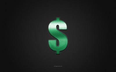 dollari logo, vihre&#228; kiilt&#228;v&#228; logo, dollarin metallitunnus, harmaa hiilikuiturakenne, dollari, tuotemerkit, luova taide, dollarin tunnus