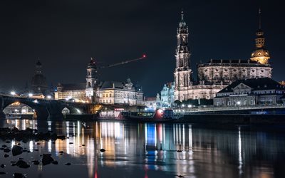 Dresden Cathedral, Cathedral of the Holy Trinity, Dresden, Katholische Hofkirche, Elbe river, night, landmark, Dresden cityscape, Saxony, Germany