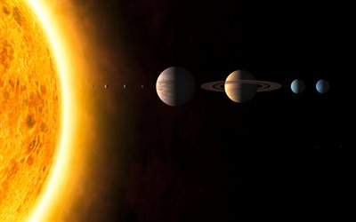 4k, el Sol, Venus, Plut&#243;n, Urano, la Tierra, Marte, Neptuno, J&#250;piter, Mercurio, planetarios de la serie, con fondo negro, sistema solar, planetas, galaxias, sci-fi, una nave espacial