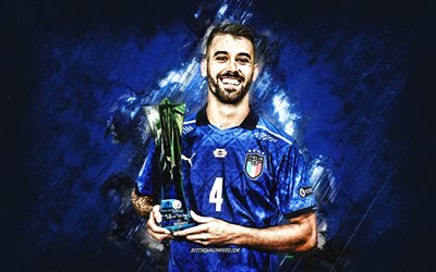 Leonardo Spinazzola, Italy national football team, Italian footballer, portrait, Euro 2020, grunge art, blue stone background, football, Italy