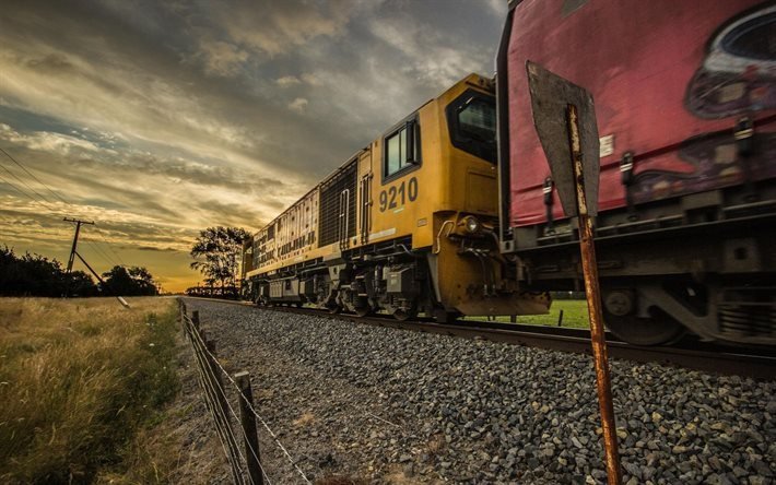 locomotiva, estrada de ferro, amanhecer, nova zel&#226;ndia