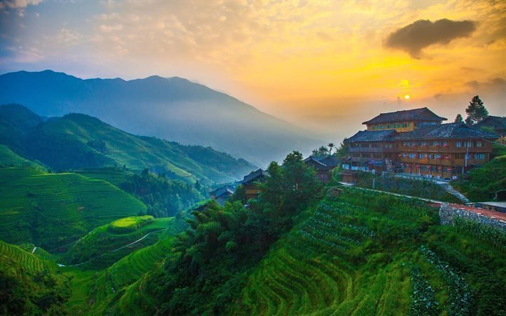 aldeia dia, p&#244;r do sol, montanhas, china