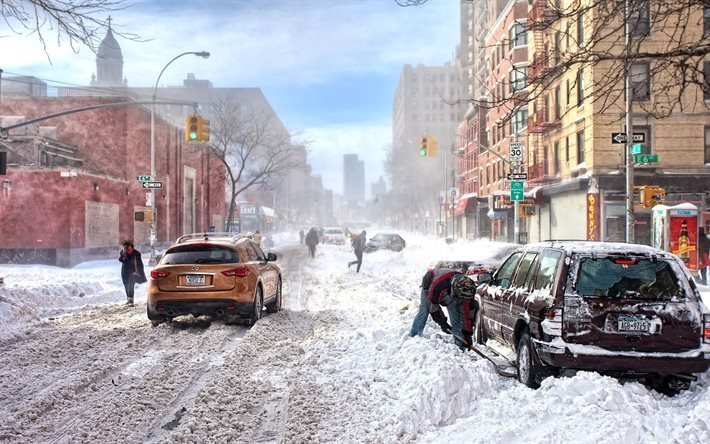 rue, la neige, voitures, journ&#233;e d&#39;hiver, new york