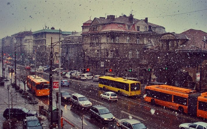 first snow, transport, street, belgrade