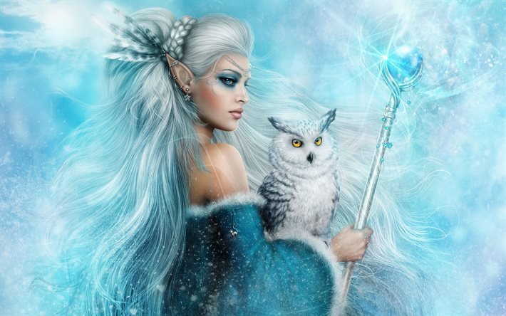 art, fantasy, girl, elf, white owl