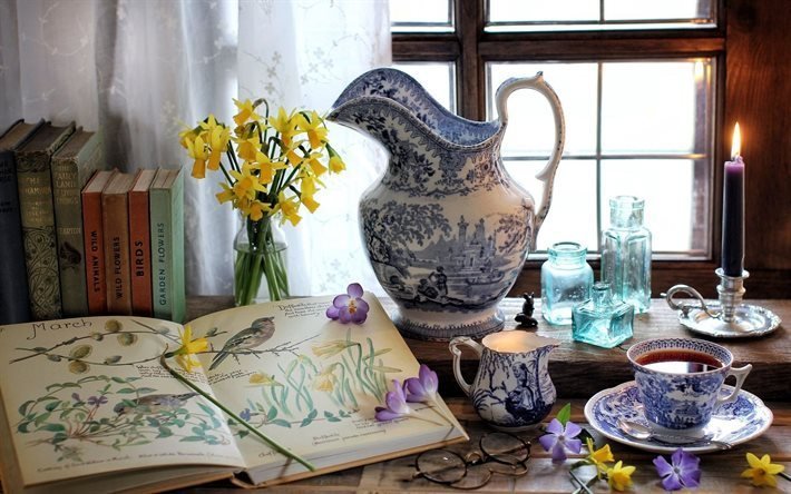 شمعة, الشاي, الكتب, الزهور