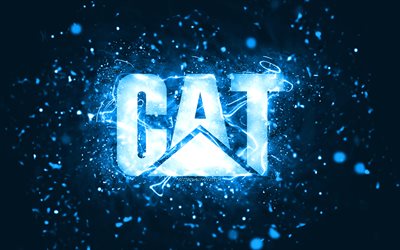 Caterpillar blue logo, 4k, CaT, blue neon lights, creative, blue abstract background, Caterpillar logo, CaT logo, brands, Caterpillar