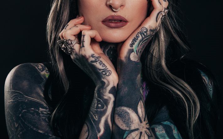 Girl with tattoos, arm tattoos, makeup, tattoo