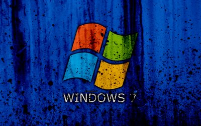 Windows 7, 4k, Se7en, blue background, grunge, Windows Seven, Microsoft