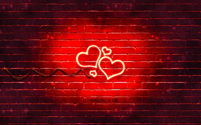 Hearts neon icon, 4k, red background, neon symbols, Hearts, neon icons, Hearts sign, love signs, Hearts icon, love icons