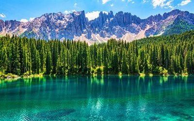 Lake Carezza, 4k, summer, beautiful nature, alpine lakes, Dolomites, South Tyrol, Italy, Alps, Europe, forest, HDR