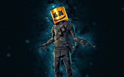 Toasted Marshmello, 4k, blue neon lights, Fortnite Battle Royale, Fortnite characters, Toasted Marshmello Skin, Fortnite, Toasted Marshmello Fortnite