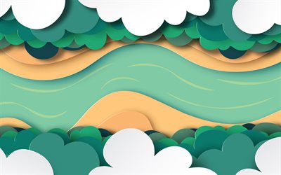 paper creative landscape, paper white clouds, paper forest, top view, abstract paper background