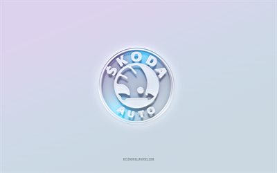 Skoda logo, cut out 3d text, white background, Skoda 3d logo, Skoda emblem, Skoda, embossed logo, Skoda 3d emblem