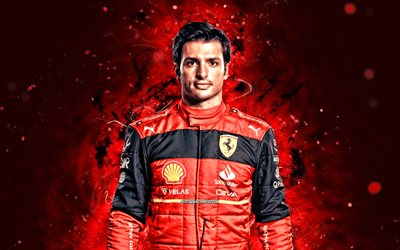 Carlos Sainz Jr, 4k, 2022, red neon lights, Formula 1, Scuderia Ferrari, creative, Ferrari 2022, Ferrari, Carlos Sainz Jr Ferrari, Carlos Sainz Jr 4K