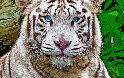 vit tiger, 4k, vektorkonst, vit tigerteckning, kreativ konst, vit tigerkonst, vektorteckning, abstrakta djur, lugn, vilda djur, lugn tiger