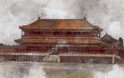 The Forbidden City, Beijing, China, grunge art, creative art, painted The Forbidden City, drawing, The Forbidden City grunge, digital art, Palace Museum
