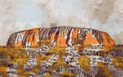 Uluru, Ayers Rock, Australien, grunge konst, kreativ konst, m&#229;lade Uluru, ritning, Uluru grunge, digital konst