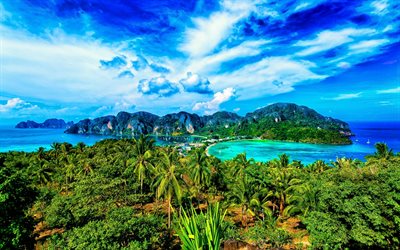Tayland, tropikal, okyanus, dağlar, liman, g&#252;zel bir doğa, palmiye ağa&#231;ları, Asya, HDR