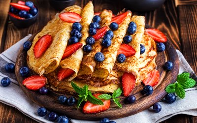 pancakes with berries, 4k, blueberries, strawberries, mint, pancakes, sweets, berries