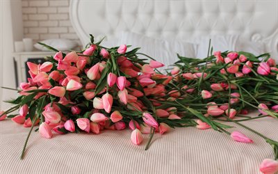 mountain of tulips, pink tulips, pink flowers, tulips, spring flowers, floral decoration