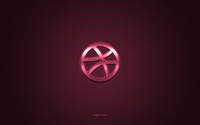 dribbble-logo, rosa gl&#228;nzendes logo, dribbble-metallemblem, rosa kohlefaserstruktur, dribbble, marken, kreative kunst, dribbble-emblem
