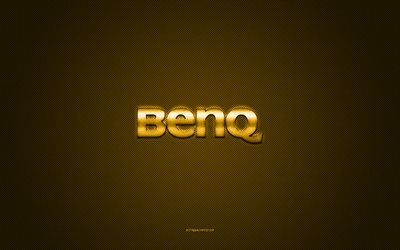benq-logo, keltainen kiilt&#228;v&#228; logo, benq-metallitunnus, keltainen hiilikuiturakenne, benq, tuotemerkit, luova taide, benq-tunnus