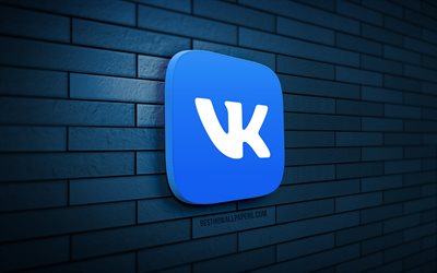logo vkontakte 3d, 4k, muro di mattoni blu, creativo, social network, logo vkontakte, arte 3d, vkontakte