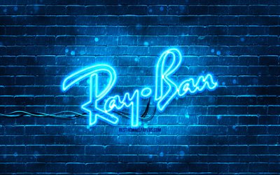 logotipo azul de ray-ban, 4k, pared de ladrillo azul, logotipo de ray-ban, marcas, logotipo de ne&#243;n de ray-ban, ray-ban